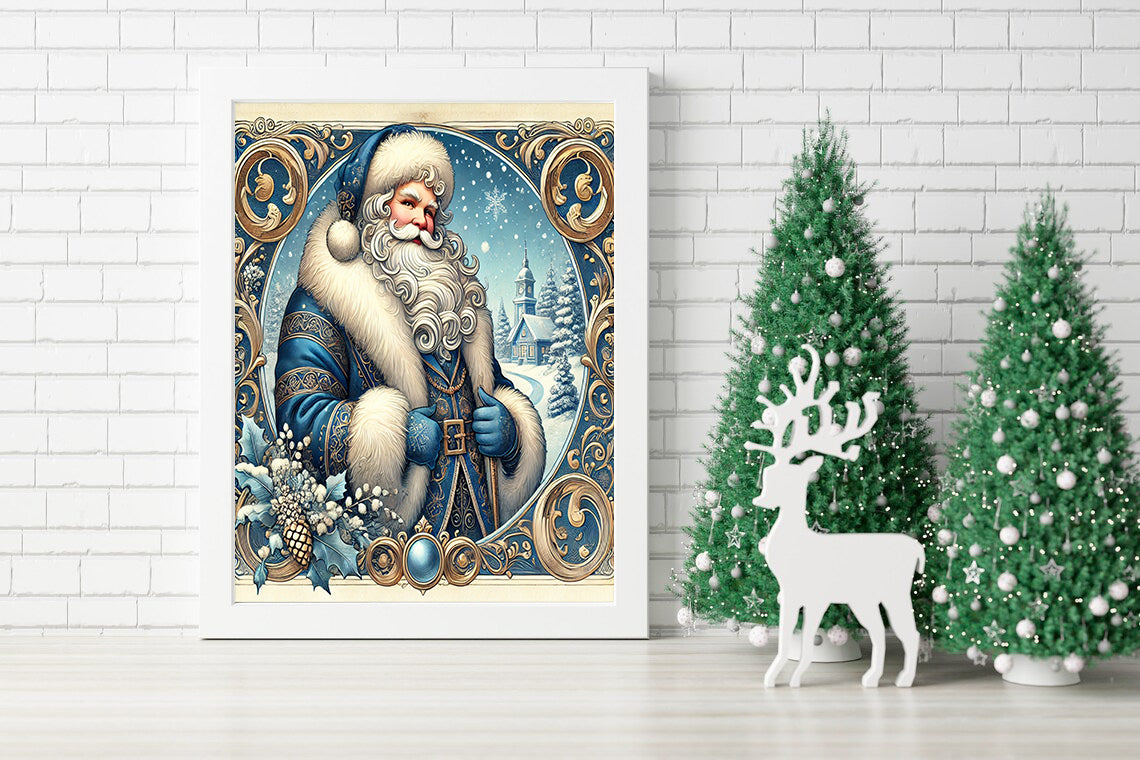 Elegant Blue Santa in a Winter Wonderland Canvas - Santa Claus in Royal Winter Attire Canvas - Regal Santa Claus with Frosty Accents Canvas