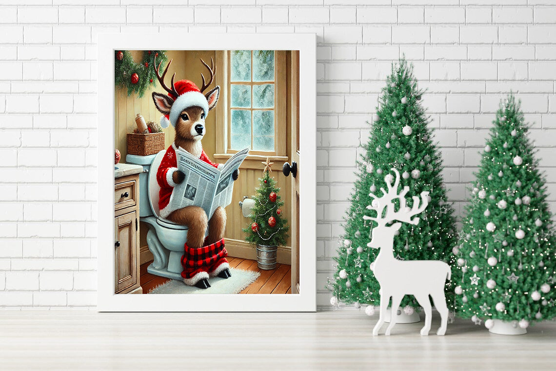 Reindeer in Relaxation: A Comical Holiday Scene - Rustic Holiday Humor: Festive Reindeer Print - Cozy Cabin Christmas: A Reindeer’s Break Time