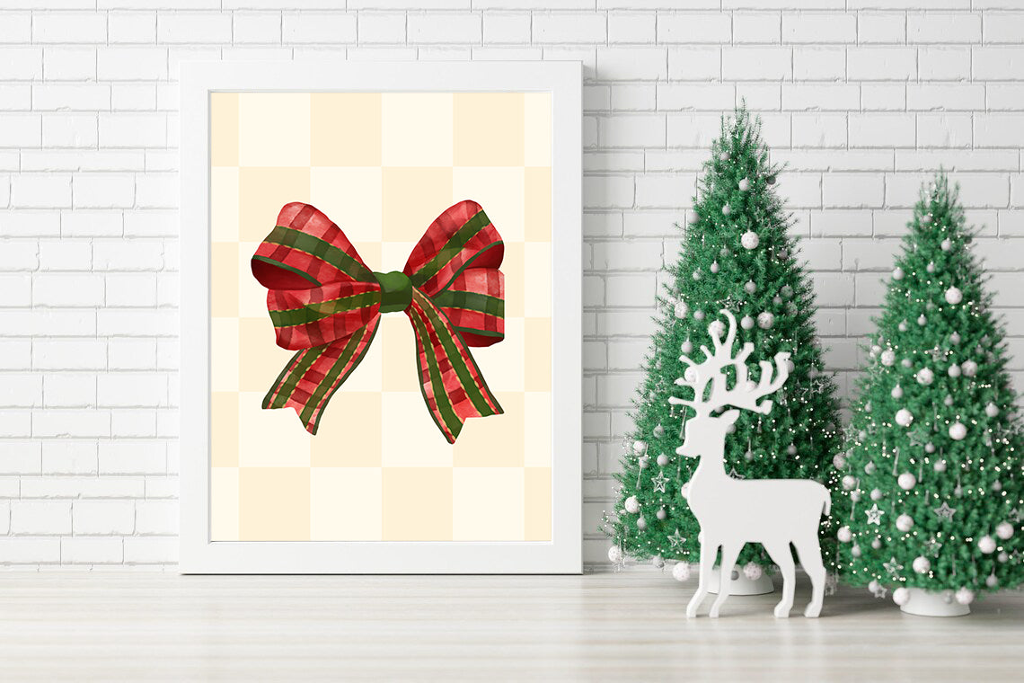 Classic Red and Green Christmas Ribbon Decor Charming Christmas Bow Print