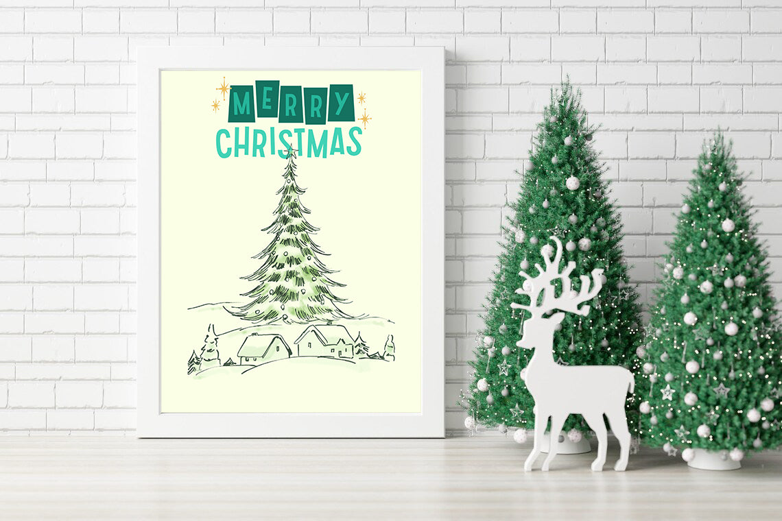 Merry Christmas Minimalist Tree Design Canvas Print - Hand Drawn Holiday Scene with Merry Christmas Canvas Print - Festive Sketch Merry Christmas Art Print