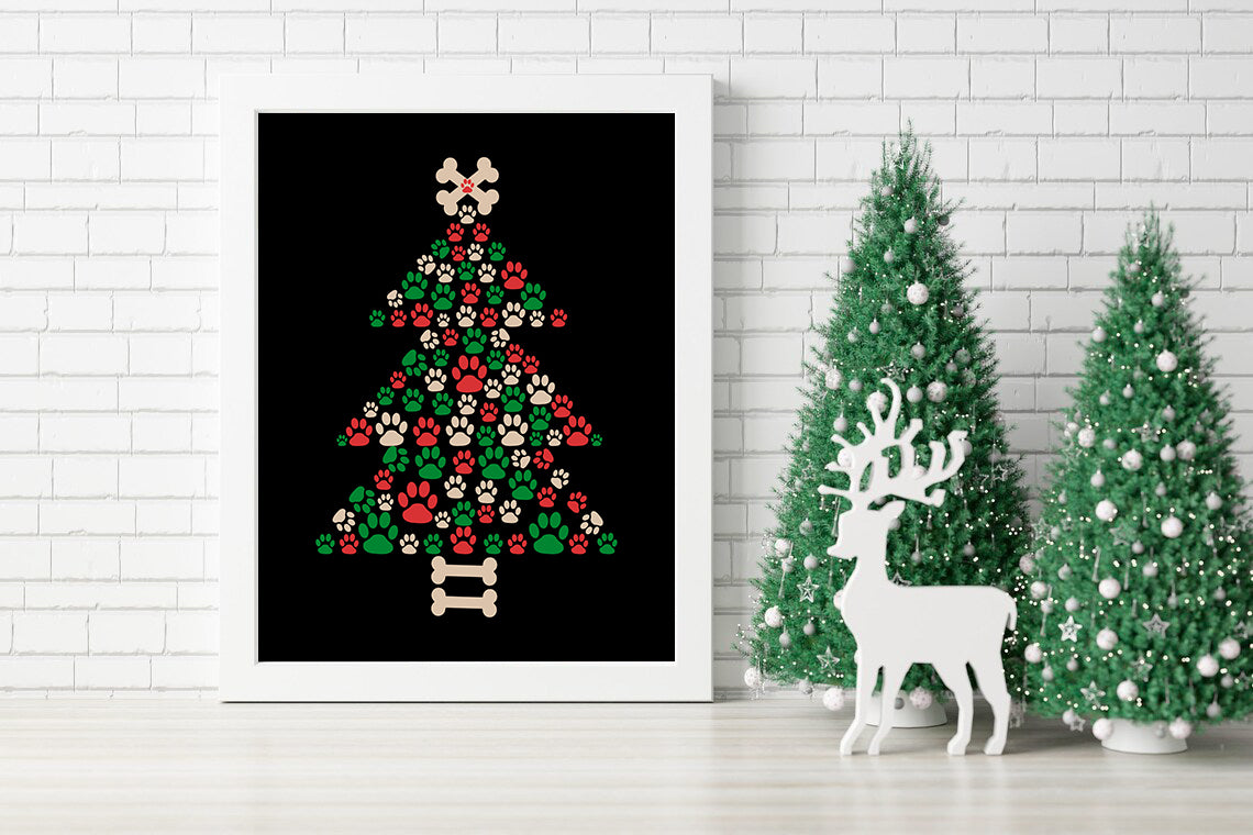 Paw Prints Christmas Tree Canvas Print - Festive Paws and Bones Tree Canvas Print - Pet Lover's Festive Paw Tree Canvas Print