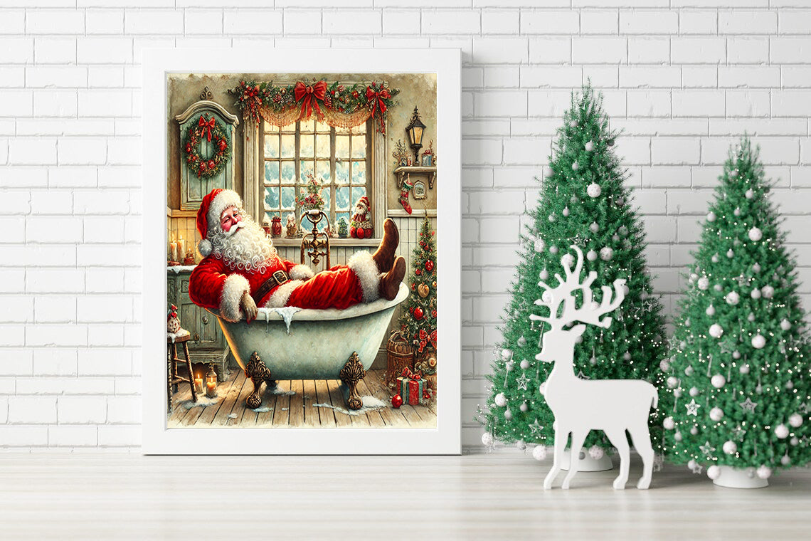 Bubble Bath Bliss with Santa Claus Canvas Print - Santa’s Cozy Christmas Bath Scene Canvas - Santa's Well-Deserved Holiday Soak Canvas