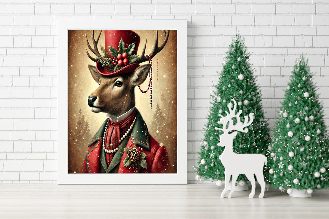 The Regal Reindeer: A Holiday Portrait - Victorian Reindeer Holiday Charm Canvas - Antlers and Elegance: A Yuletide Masterpiece - A Festive Stag in Style Canvas