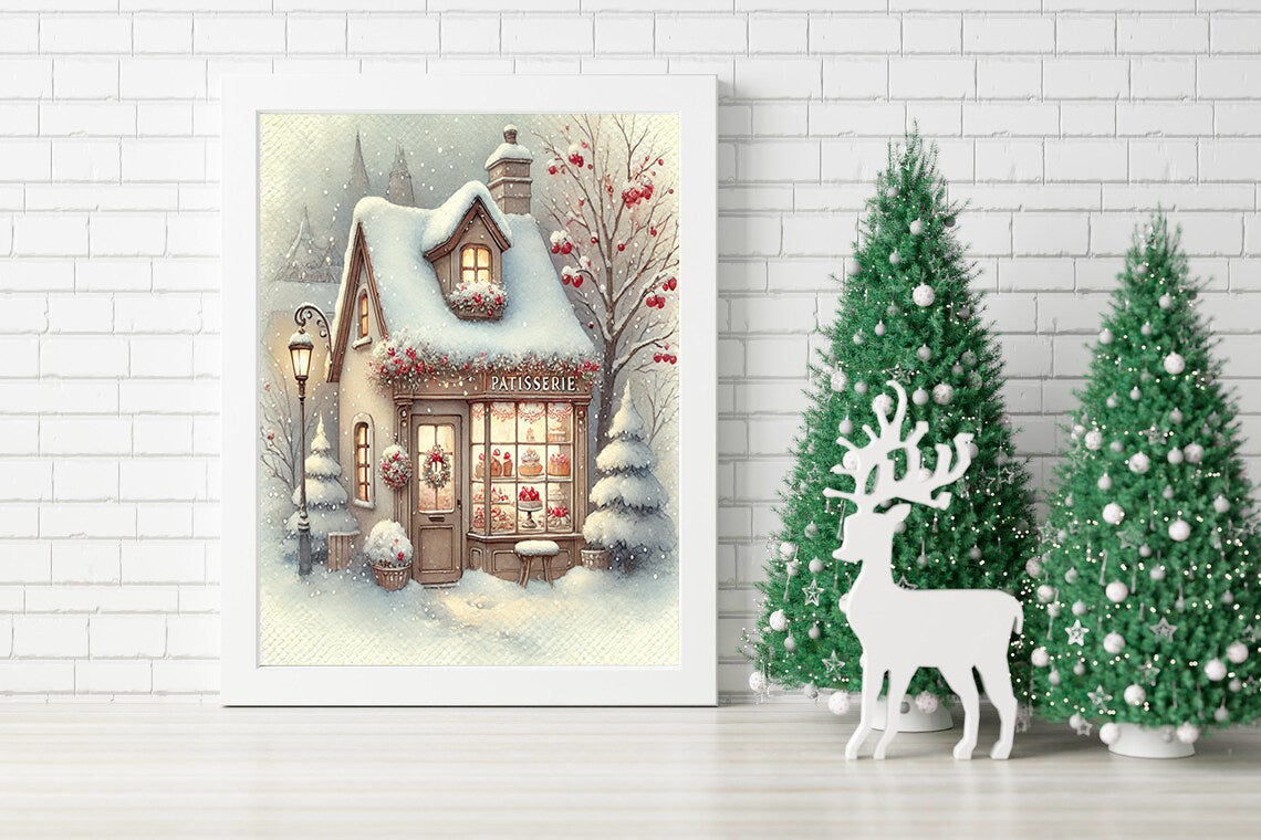 The Cozy Christmas Patisserie Canvas Print - Winter Wonderland Patisserie Canvas - Whimsical Winter Bakery Christmas Canvas