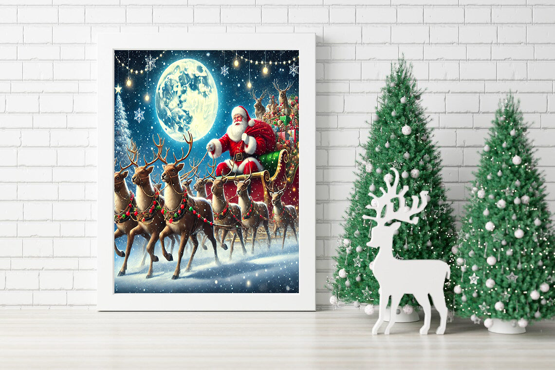 Santa's Sleigh Soars Through the Night Canvas - A Christmas Eve Adventure Canvas - Santa’s Winter Wonderland Ride Print