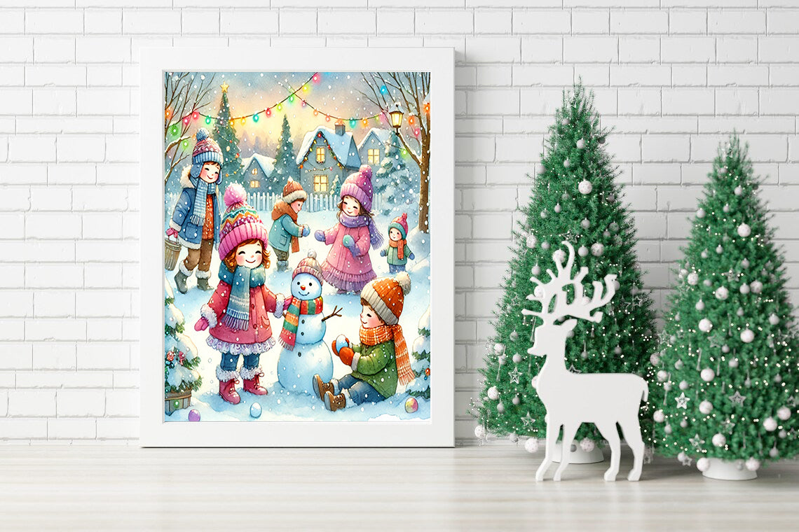 Snowy Village Holiday Cheer Canvas - Joyful Moments in a Winter Town Print - A Season of Smiles and Snowballs Canvas
