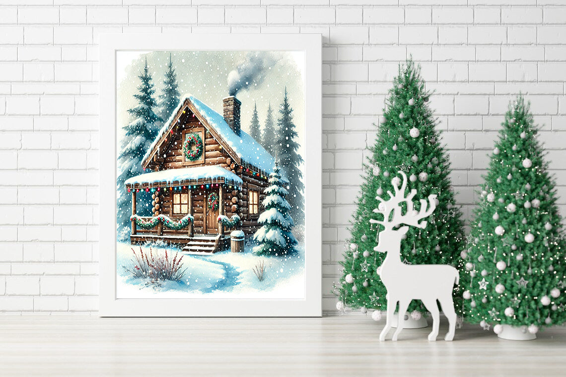 Holiday Warmth in a Winter Wonderland Canvas - Home for the Holidays Print - A Warm and Welcoming Holiday Cabin Nestled in the Heart of a Snowy Forest