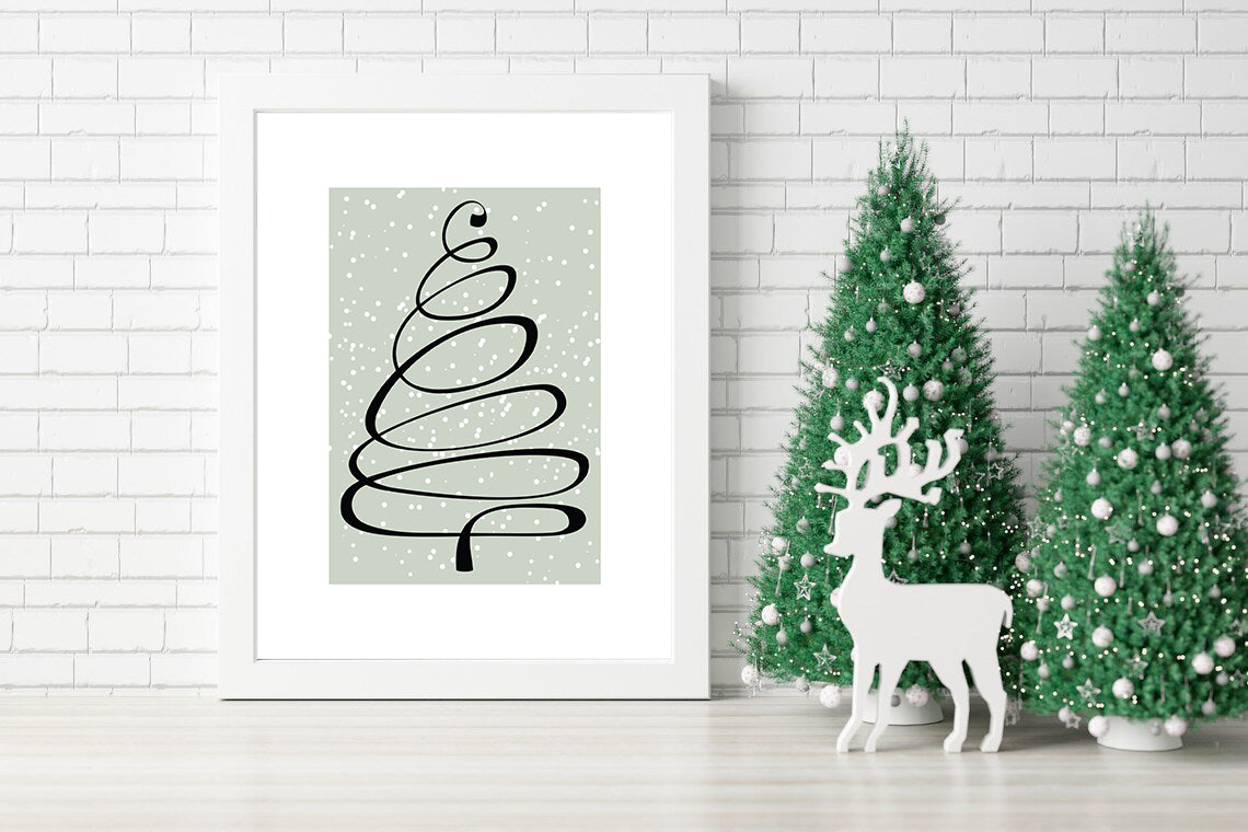 Minimalist Christmas Tree in Winter Snow a Modern Spiral Design - Modern Christmas Art Minimal Spiral Tree with Falling Snowflakes in a Sophisticated Festive Design - Simple and Elegant Holiday Canvas with a Contemporary Black Swirl Christmas Tree