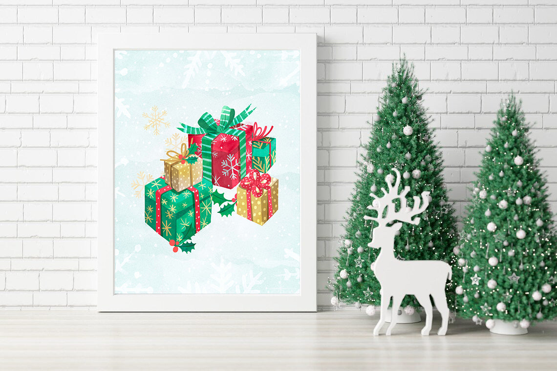 Festive Holiday Gifts - Christmas Wall Art - Colorful Christmas Presents Illustration Canvas - Whimsical Holiday Gift Art for Your Home Canvas