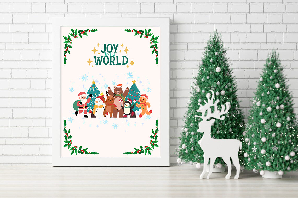 Joy to the World a Festive Holiday Scene Canvas - Heartwarming Holiday Cheer with Santa and Friends Canvas - A Colorful Christmas Celebration with Friends