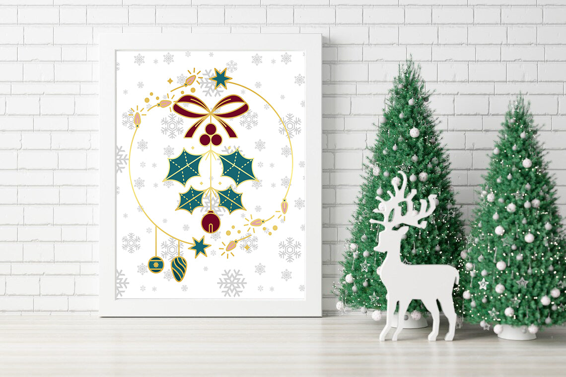 Elegant Christmas Charm Holly and Snowflake Delight Canvas - Winter Wonderland Sparkling Ornaments and Holly Canvas - Seasonal Splendor A Modern Twist on Christmas Classics