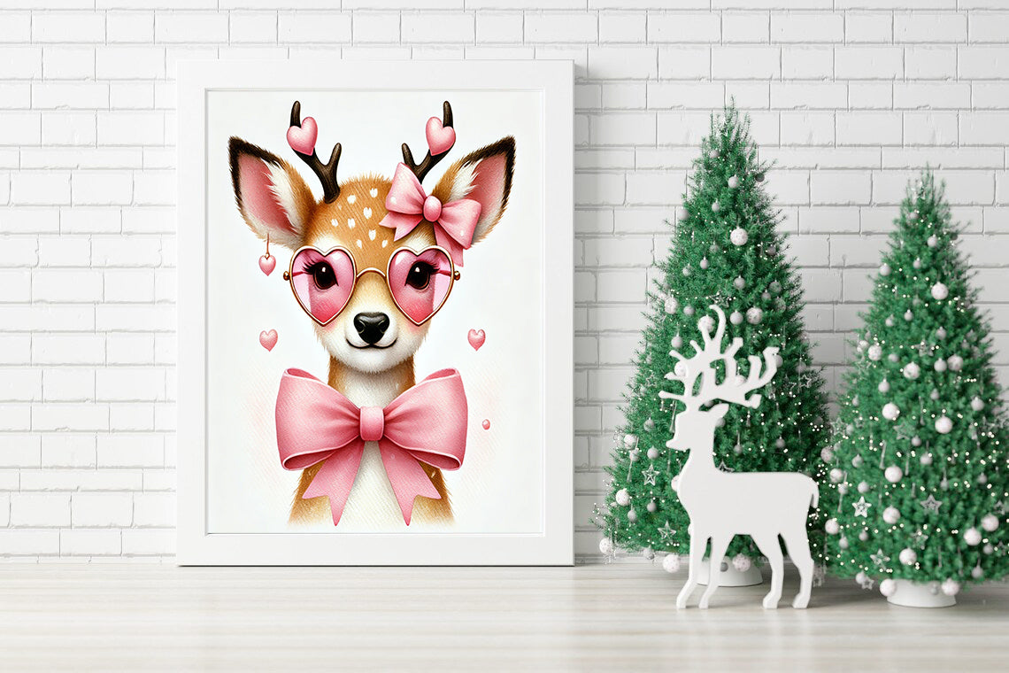 Pretty in Pink the Lovable Holiday Reindeer Canvas - Deerly Adorable A Heartwarming Pink Holiday Canvas - Holiday Elegance A Glamorous Pink Deer in Style