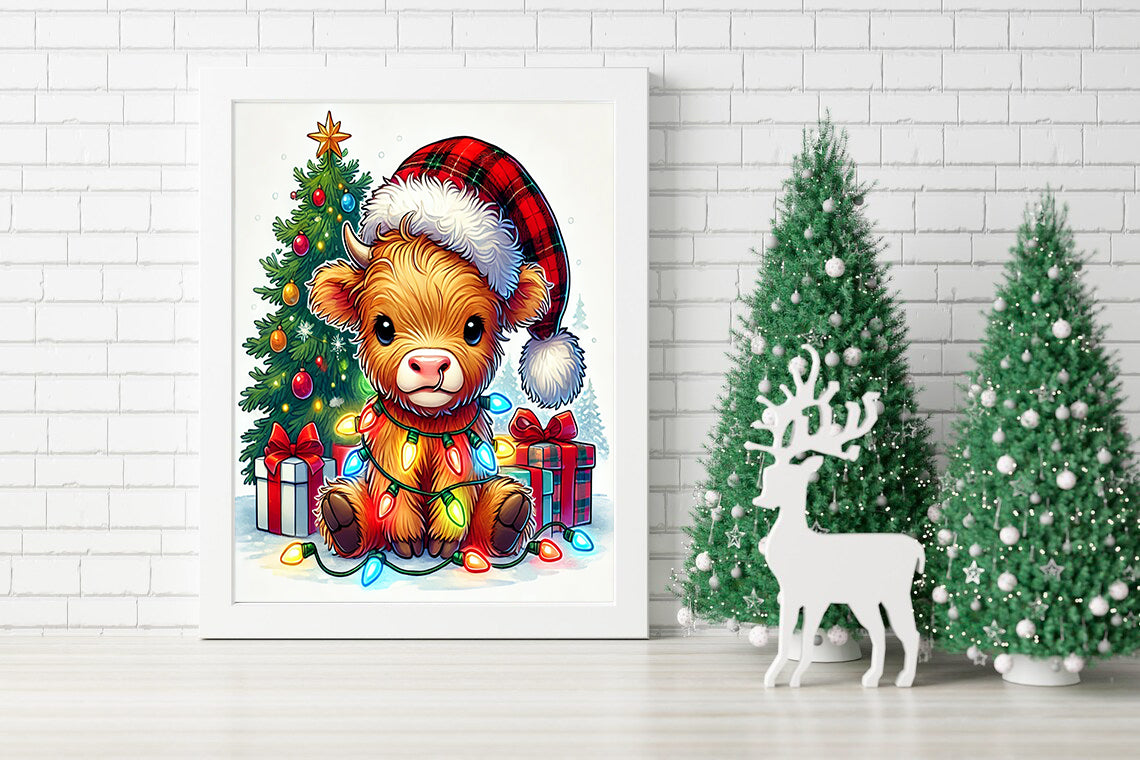 Merry Moo-mas A Highland Cow Christmas Delight Canvas - Cuddly Cow Christmas Lights Gifts and Joy Canvas - Deck the Halls with Highland Hooves and Lights