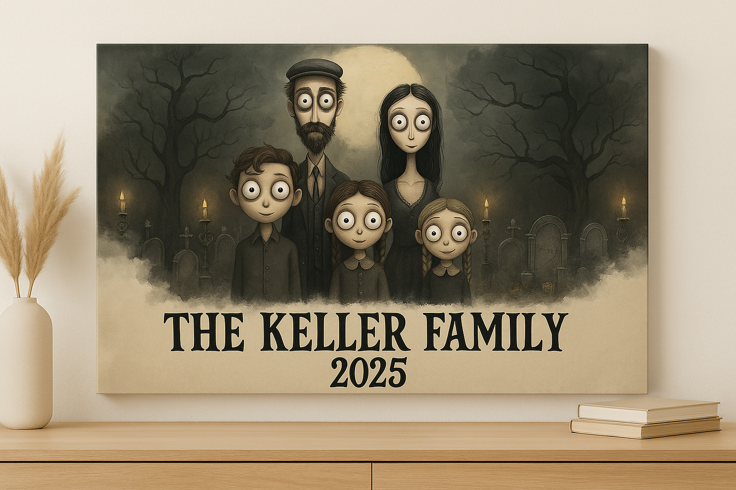 Spooky Family Portrait Custom Gothic Illustration Creepy Cute Family Canvas Haunted Mansion Style Wall Art