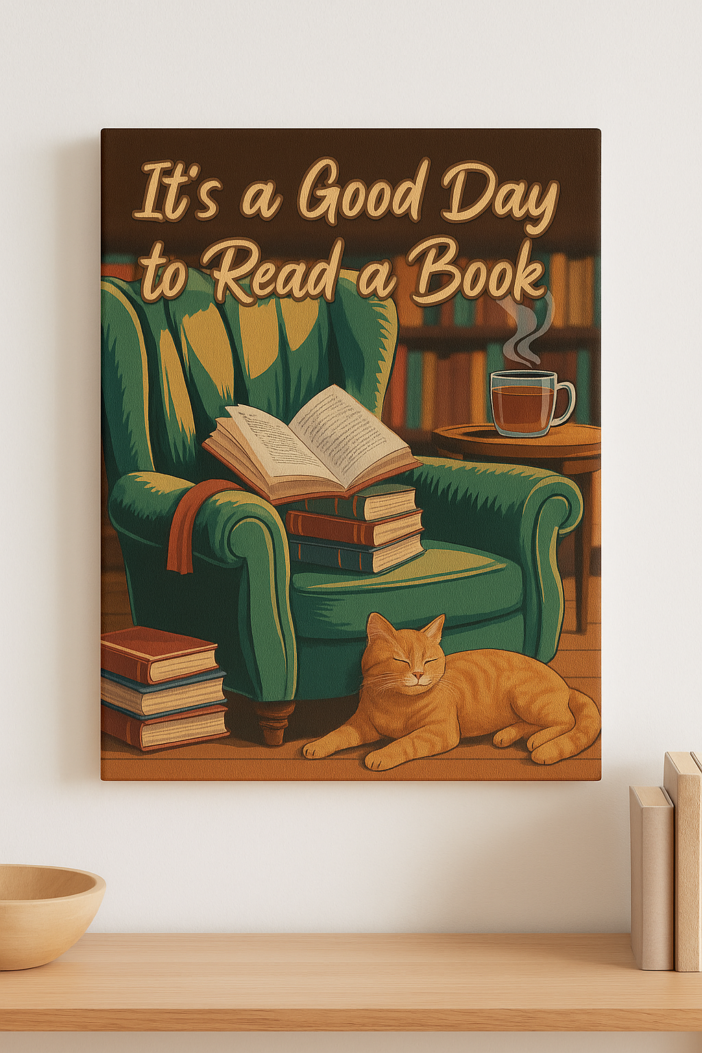 It’s a Good Day to Read a Book Sign Cozy Cat Reading Poster Vintage Book Art Book Lover Wall Art Vintage Reading Room Artwork