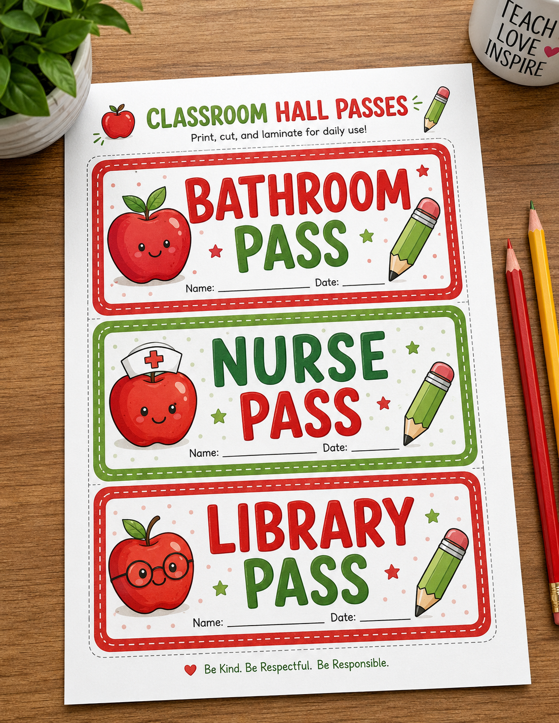 Classroom Bathroom Hall Pass Editable Set Printable