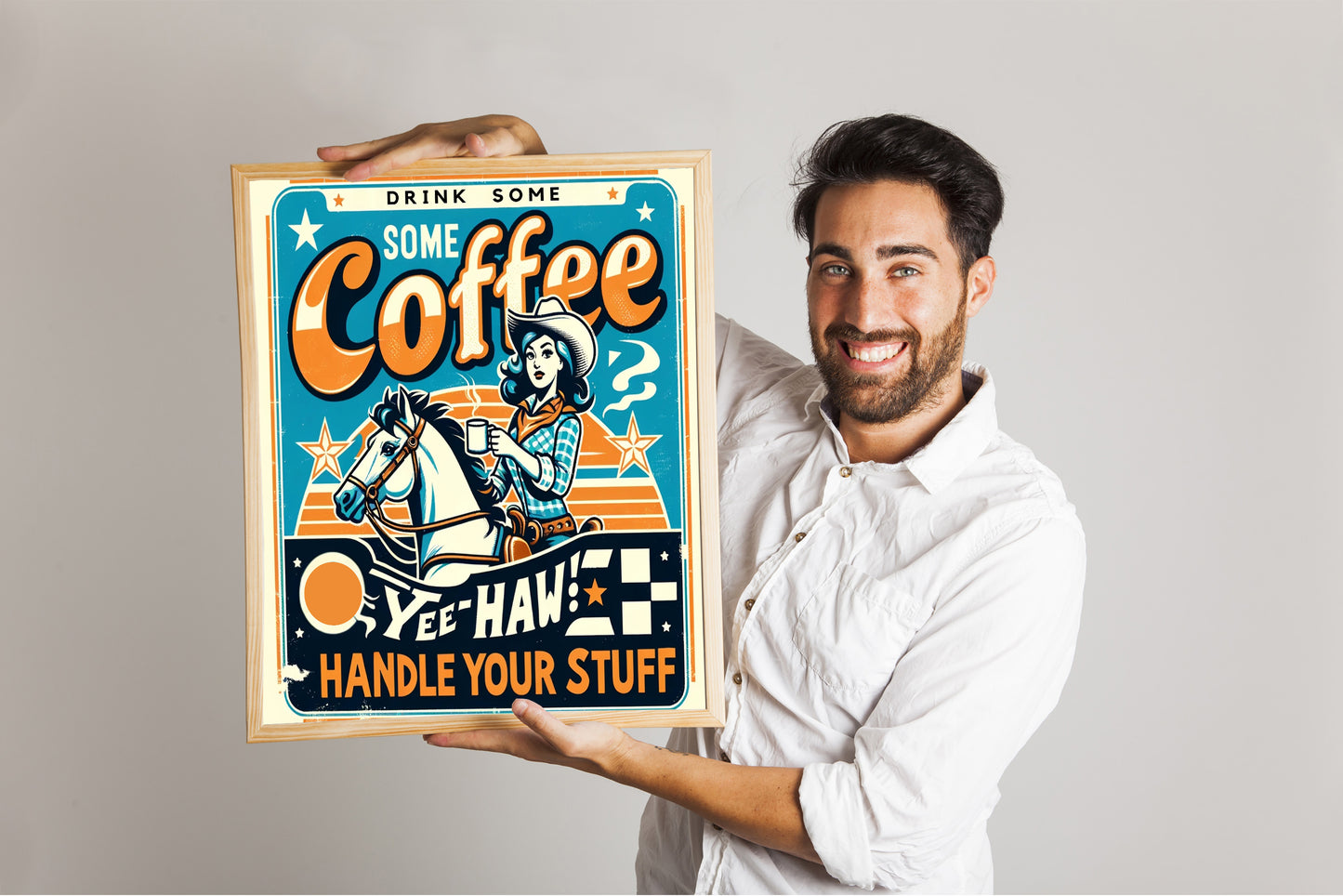 Drink Some Coffee Handle Your Stuff Wall Art - Coffee Quote Poster - Coffee Cowgirl Art - Yee Haw Morning Brew Canvas - Caffeinated Cowgirl Chronicles Canvas