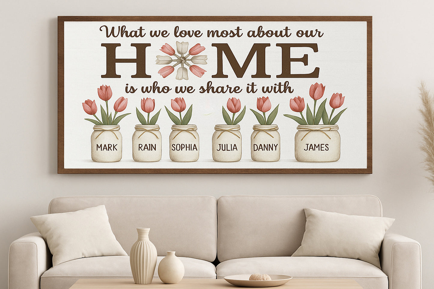 Personalized Family Home Sign with Names Custom Mason Jar Flower Wall Art What We Love Most About Our Home Sign