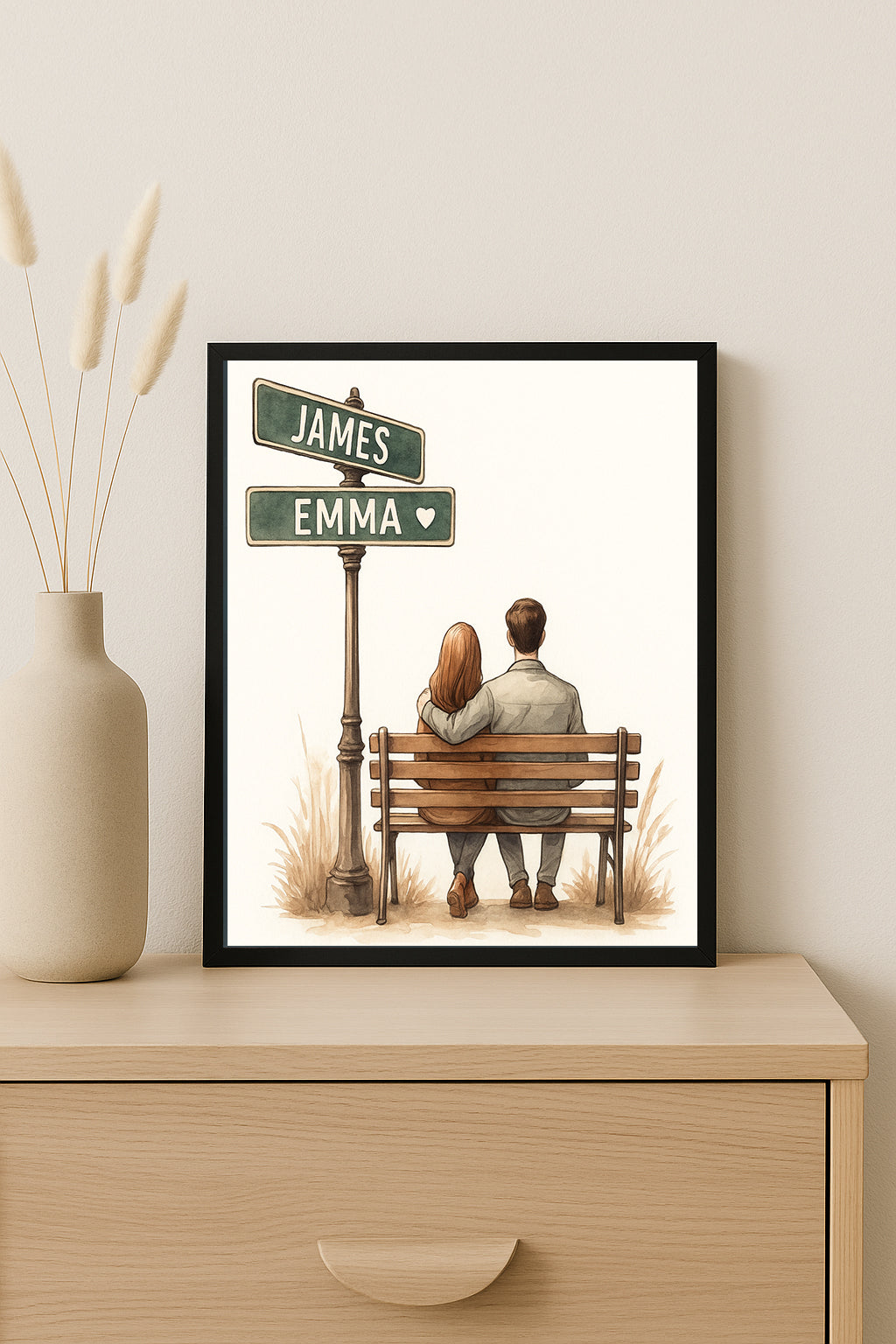 Couple Bench Illustration Custom Name Signpost Romantic Gift Valentine’s Day