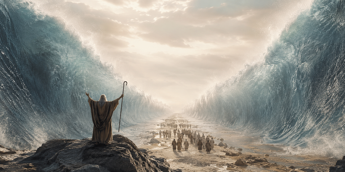 Moses parting the Red Sea modern neutral fine art Christian canvas Exodus Bible story