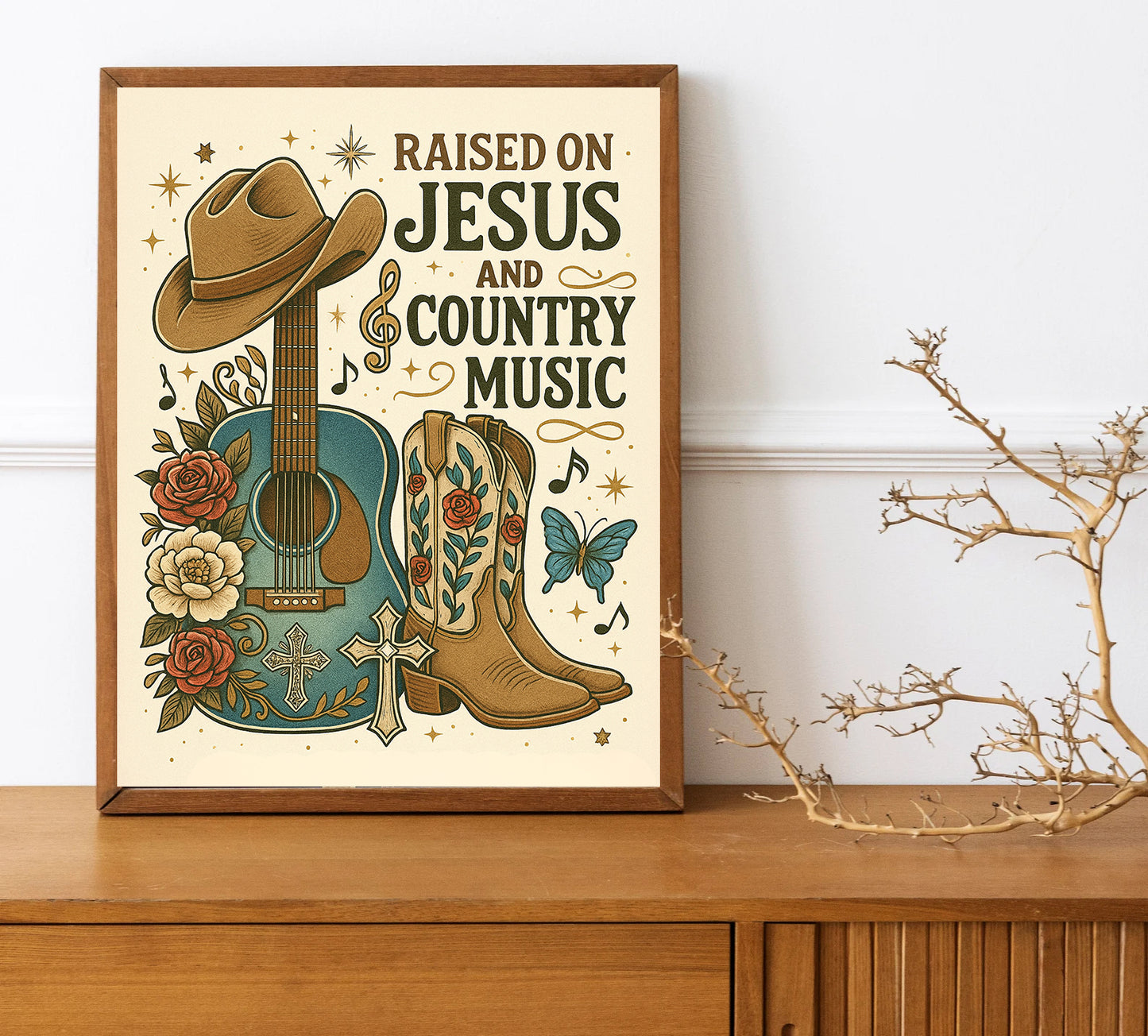 Christian Country Music Wall Art Raised on Jesus Print Western Home Decor Guitar & Cowboy Boots Artwork