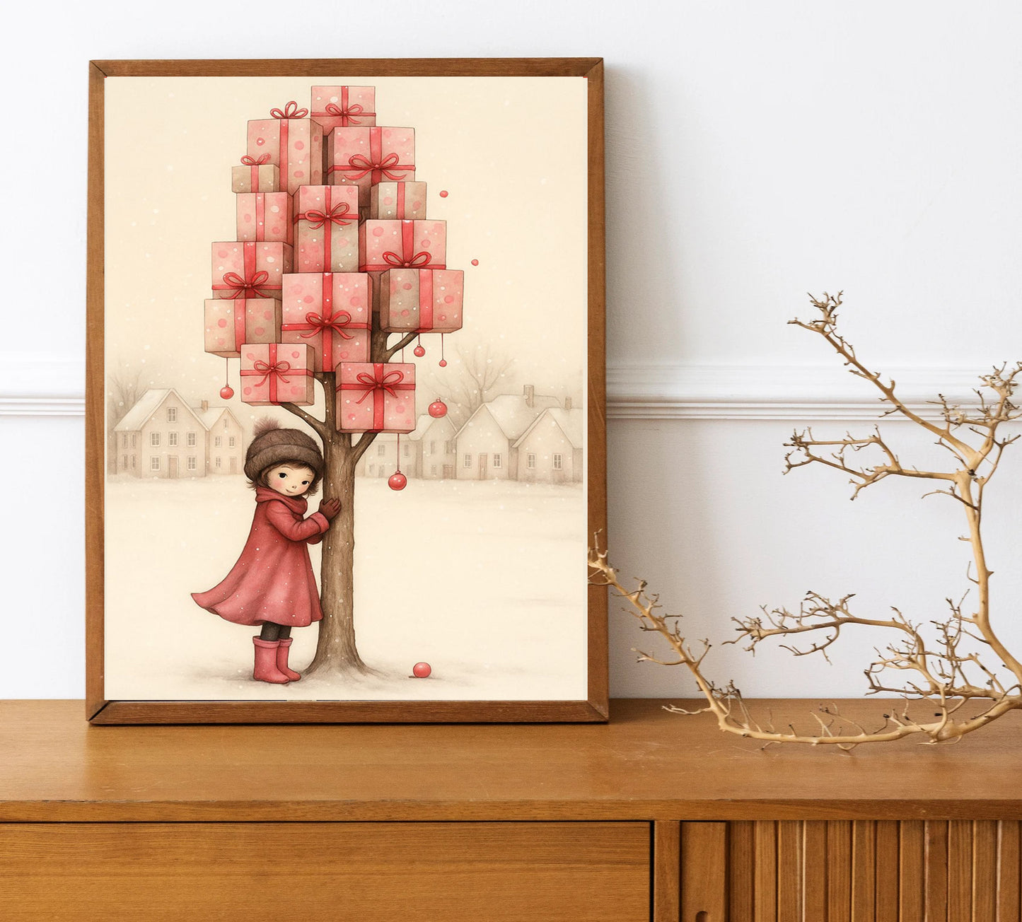 Whimsical Christmas Girl Wall Art Gift Tree Illustration Winter Nursery Decor Holiday Kids Room Print Cozy Scandinavian Christmas Art