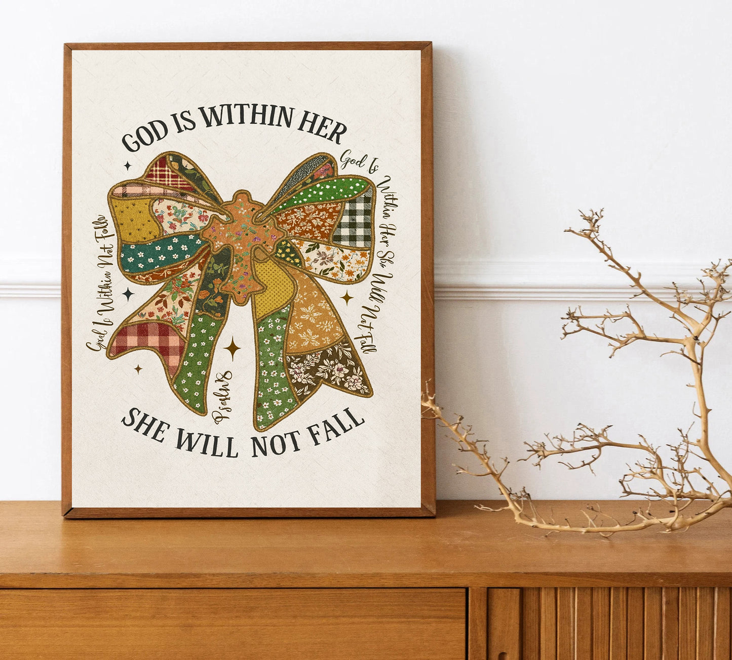God Is Within Her She Will Not Fall Print Psalm 46:5 Scripture Wall Art Patchwork Bow Christian Decor Inspirational Scripture Art