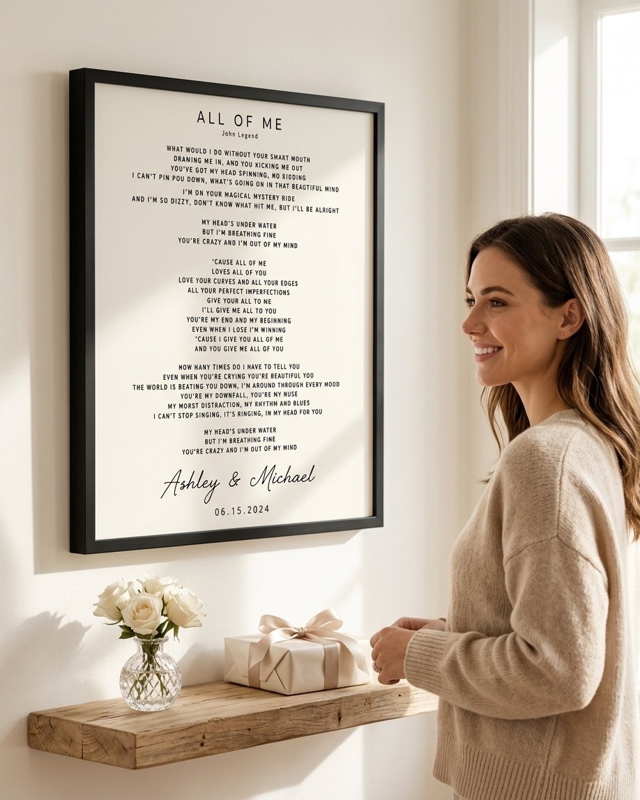 Bride and groom laughing while holding custom sheet music wedding song canvas