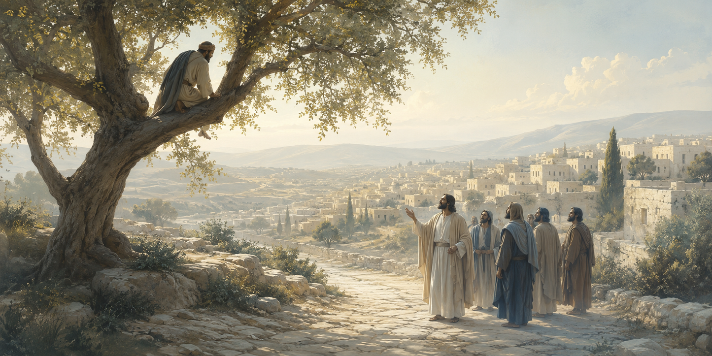 Zacchaeus in the sycamore tree modern neutral Christian canvas Luke 19 Bible story