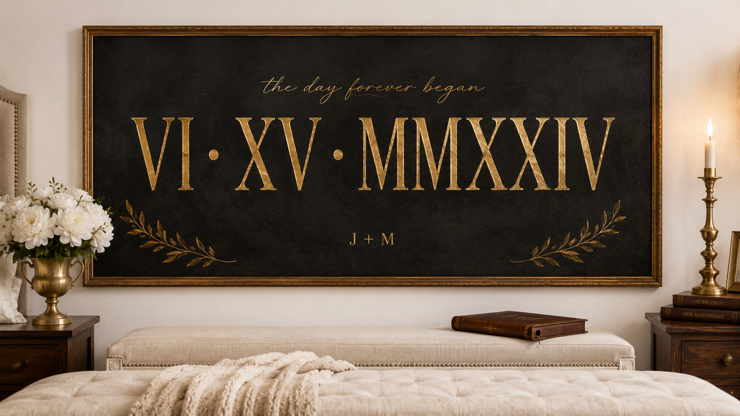 Custom Roman Numeral Anniversary Date Canvas — Black Gold Wedding Date Wall Art for Master Bedroom by AmourPrint