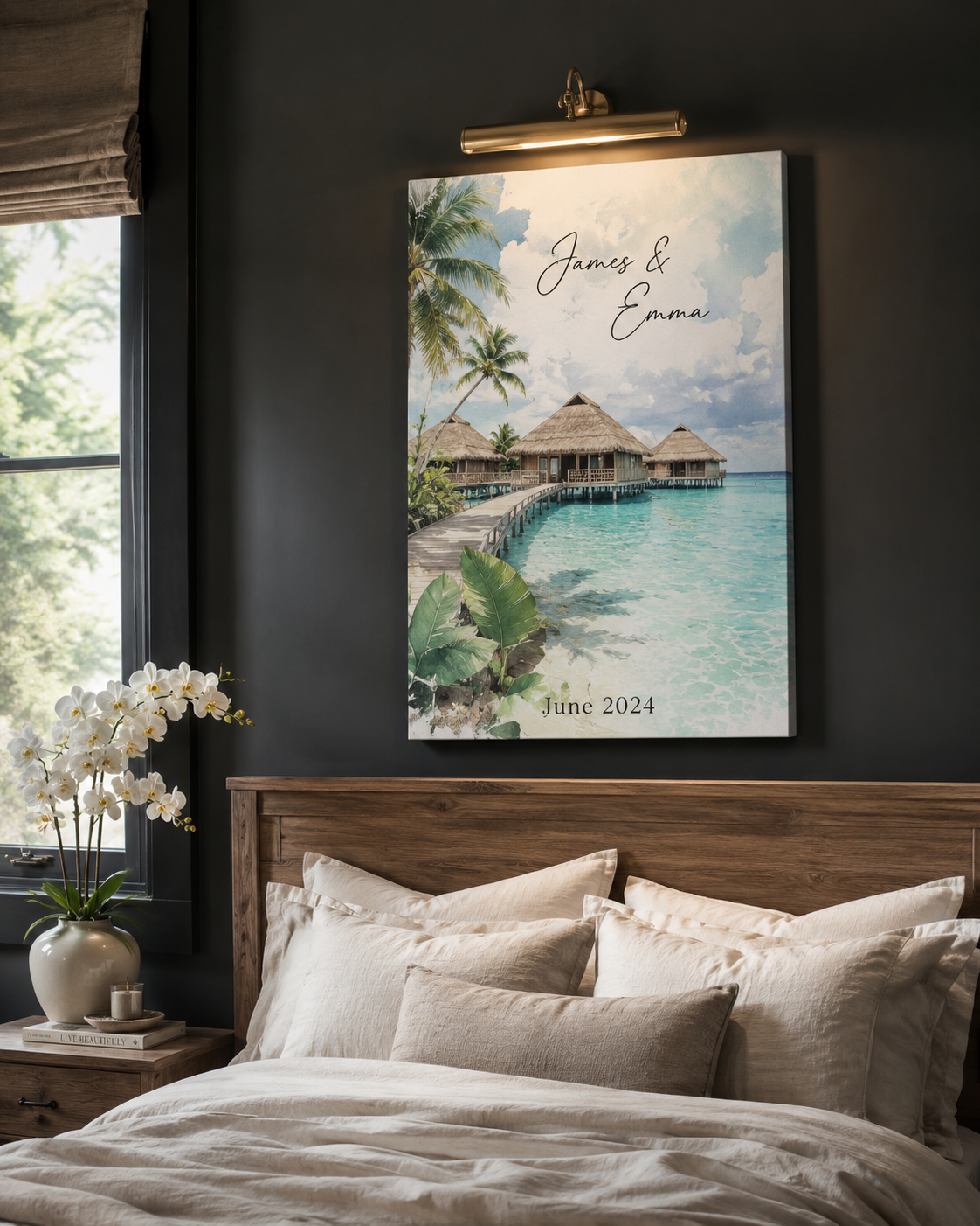 Honeymoon Maldives custom canvas above-bed