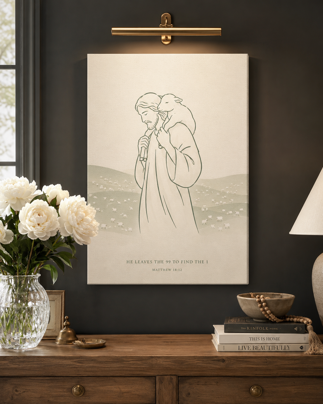 Good Shepherd Jesus Leave The 99 Matthew 18:12 Minimalist Christian Canvas