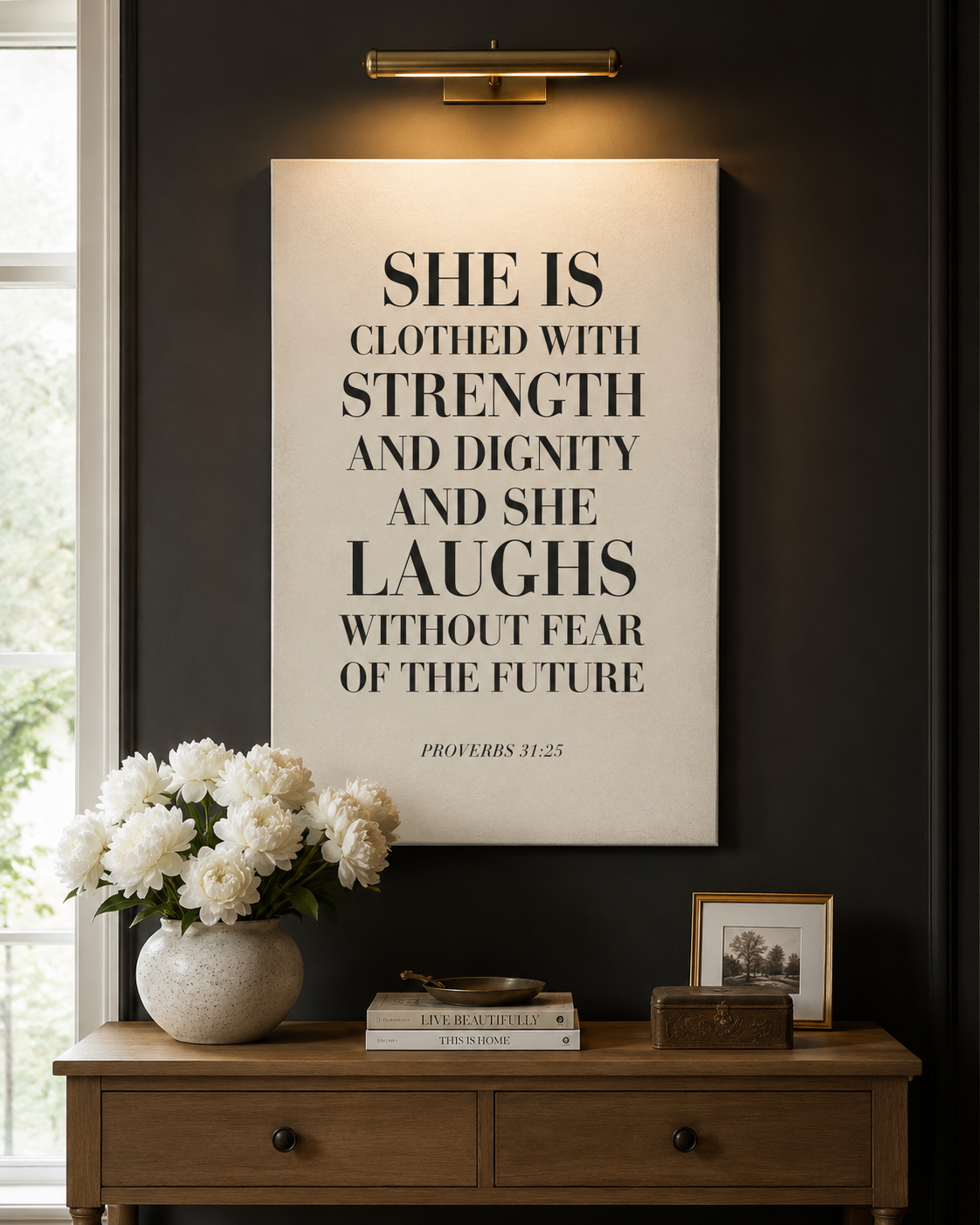 She Is Clothed In Strength Proverbs 31:25 Typography Christian Canvas