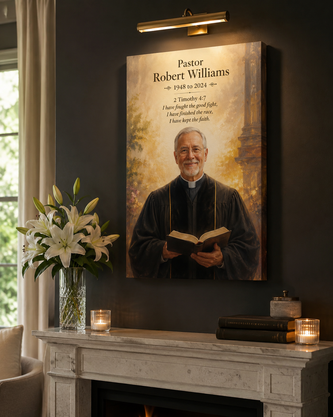 Pastor Memorial portrait canvas above-mantle