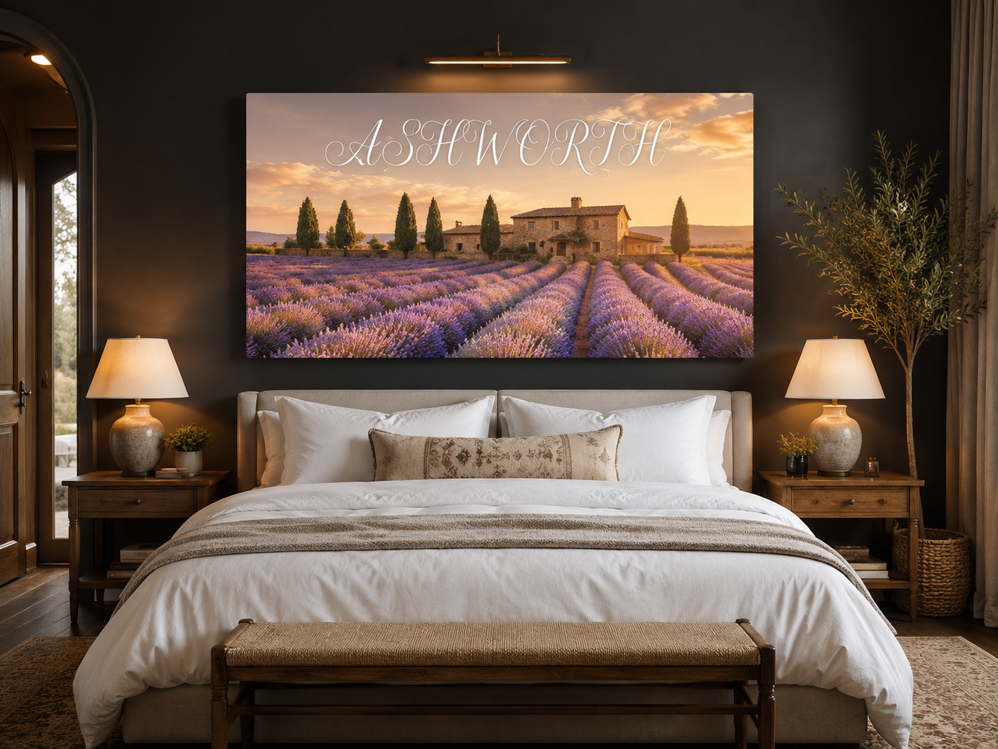 Custom Family Name Provence Lavender Fields Canvas above-bed mockup