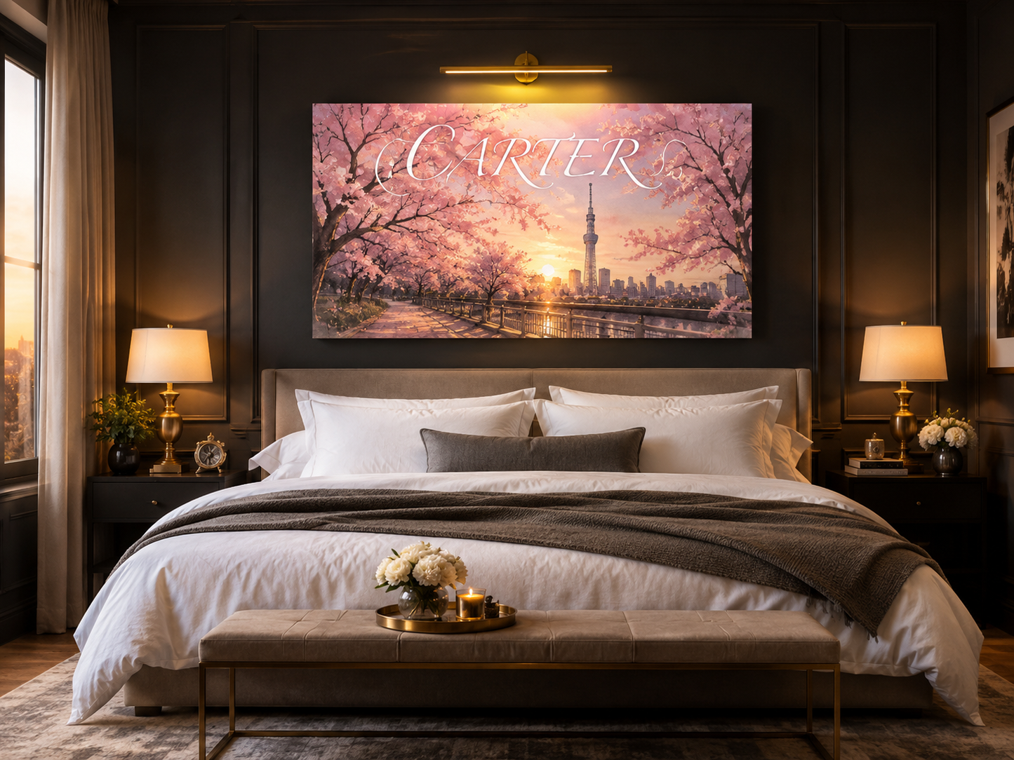 Custom Family Name Tokyo Cherry Blossom Canvas above-bed mockup