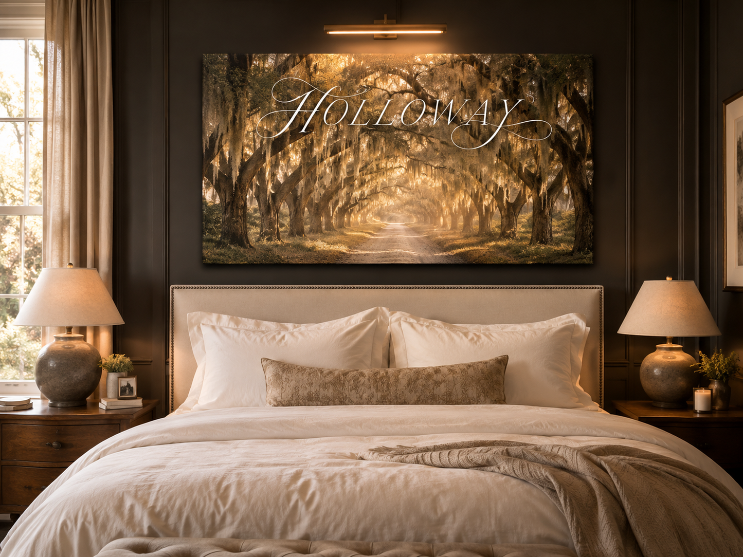 Custom Family Name Charleston Spanish Moss Canvas above-bed mockup
