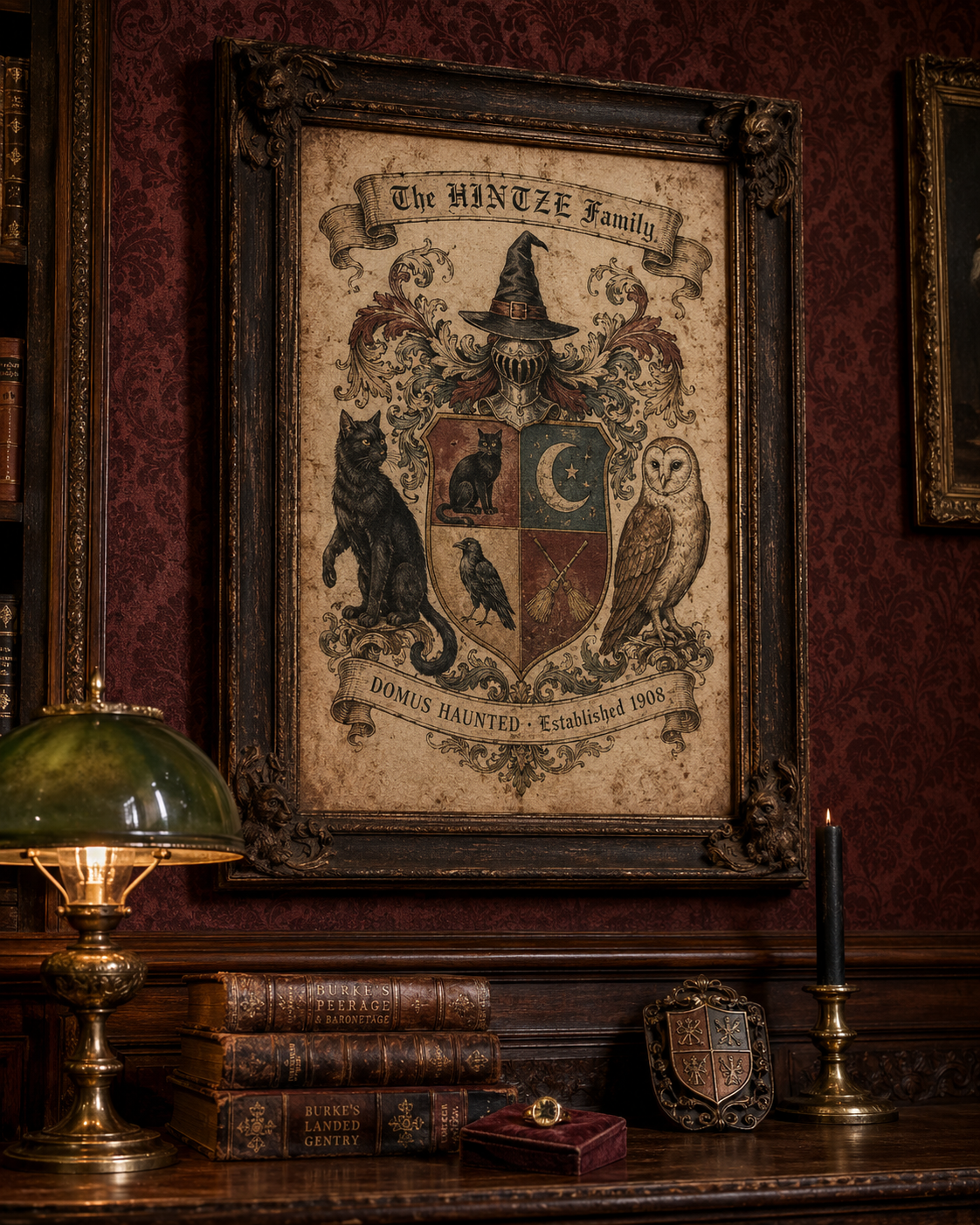 Personalized Family Coat of Arms Halloween Print — 1890s Victorian heraldic copperplate engraving, custom motto