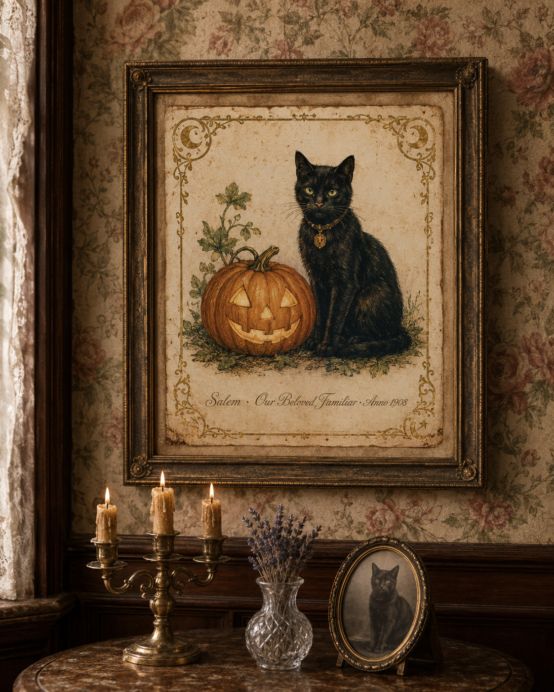 Personalized Pet Familiar Halloween Print — 1908 Frances Brundage chromolithograph custom black cat name
