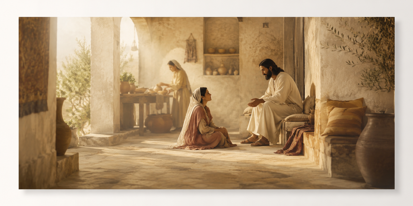Mary at Feet of Jesus Modern Neutral Fine Art Canvas