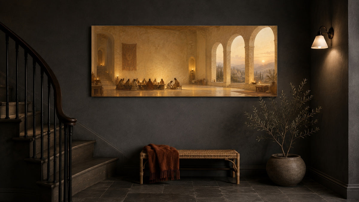 John 13 canvas in a dark slate stairwell above a bench
