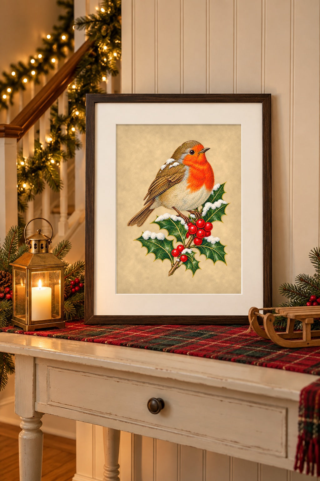 Vintage robin redbreast Christmas print in a dark frame on a tartan console table with a brass lantern