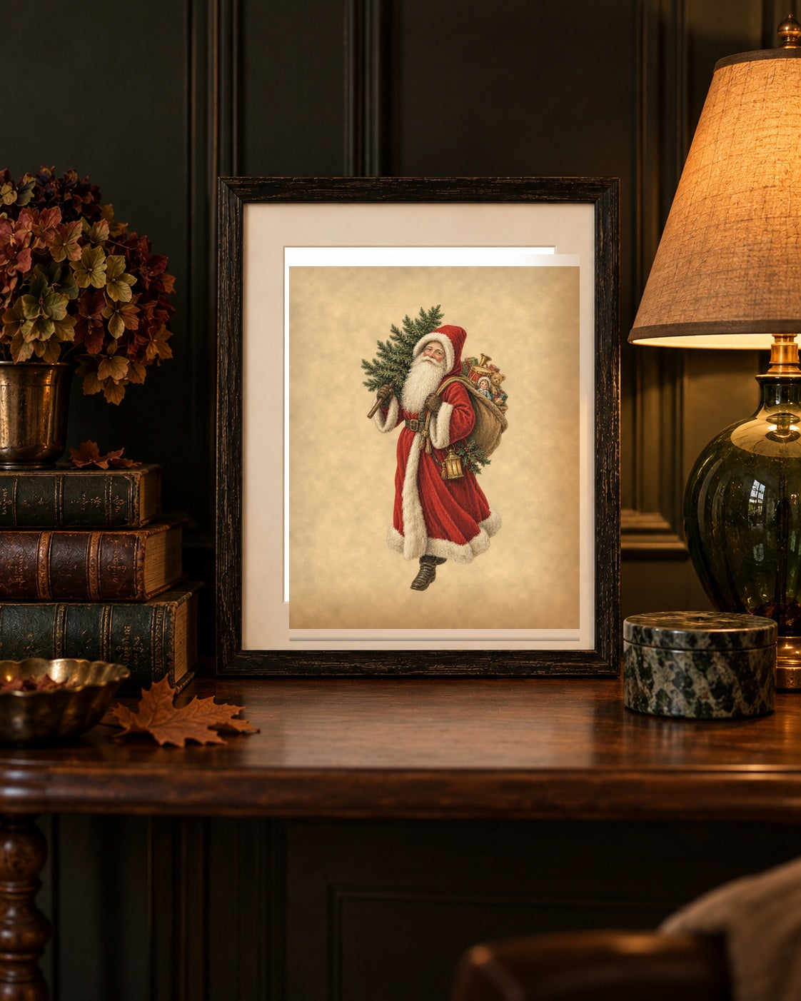 Vintage Father Christmas print framed beside a stack of antique leather books