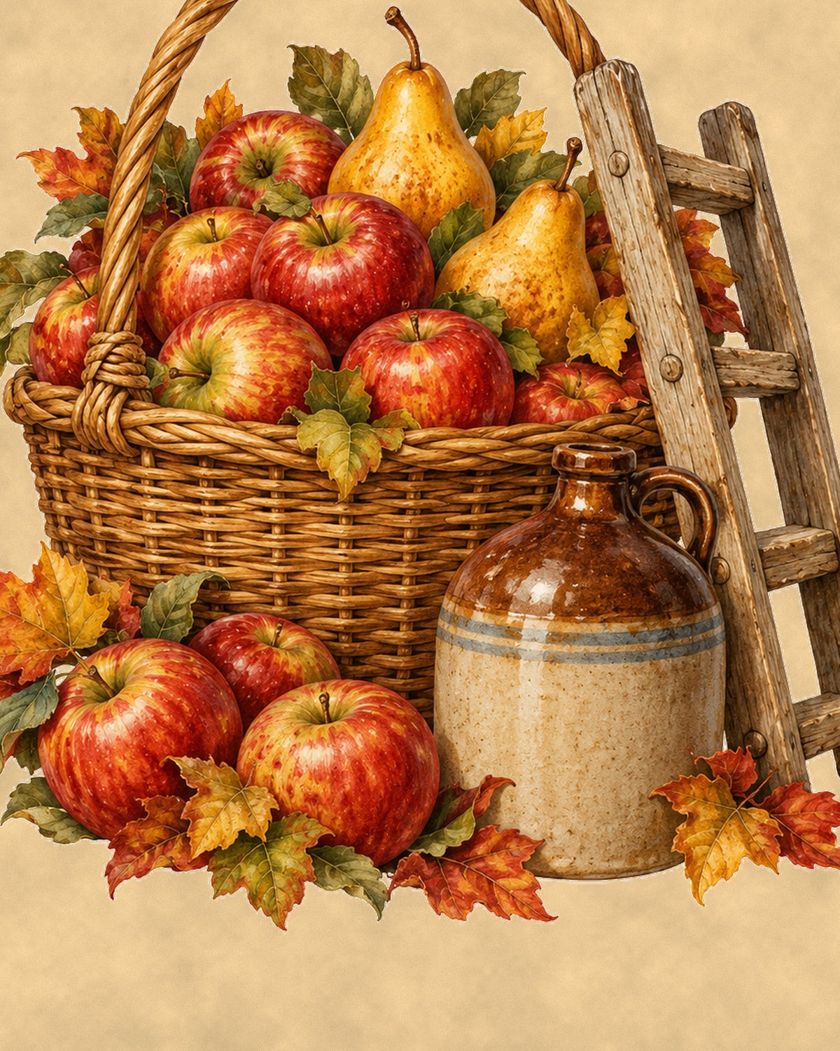 Close-up detail of the apple basket, pears and cider jug illustration