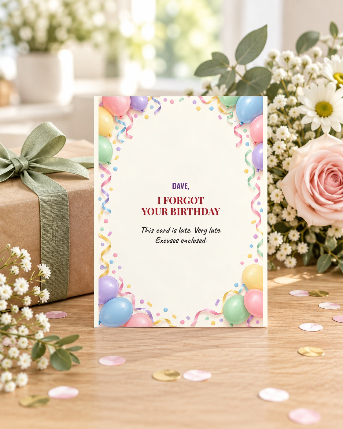 Funny belated birthday card styled with a gift
