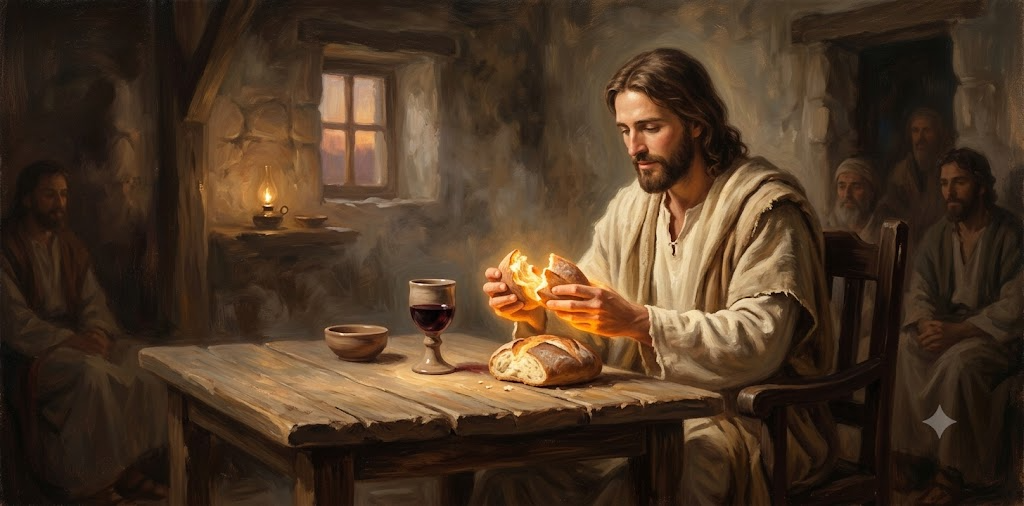 Bread of Life John 6:35 Jesus breaking bread painting