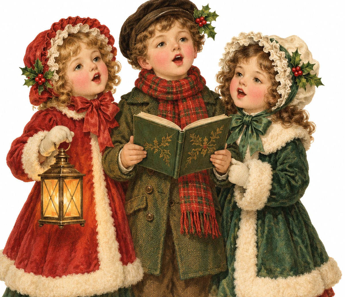 Detail of the Victorian carolers illustration with lantern and carol book