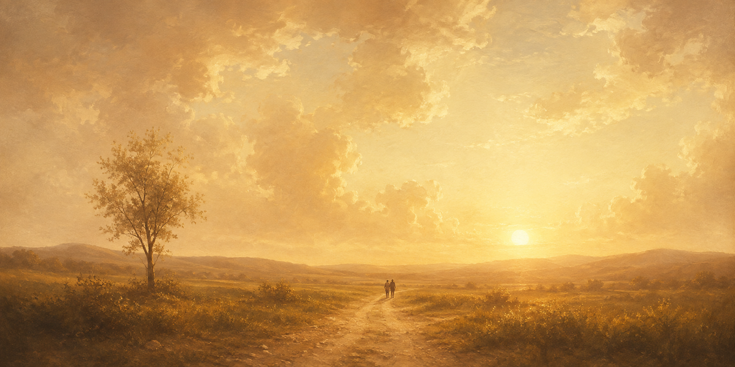 Always and Forever canvas artwork - warm golden hour meadow with two tiny figures walking a track