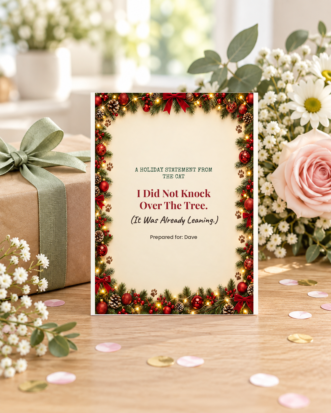 Funny cat Christmas card styled with a wrapped gift and flowers