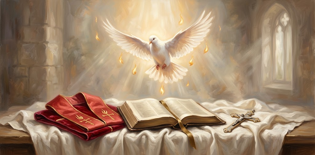 Confirmation Holy Spirit dove flame still life painting